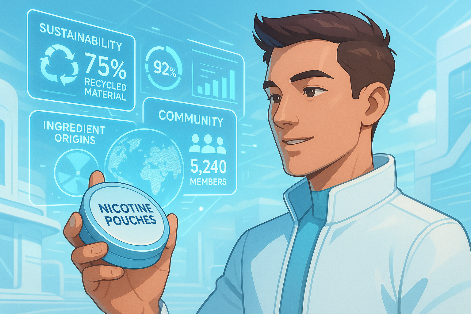 A user holding a futuristic, sleek, uniquely designed snus can with augmented reality data overlays.