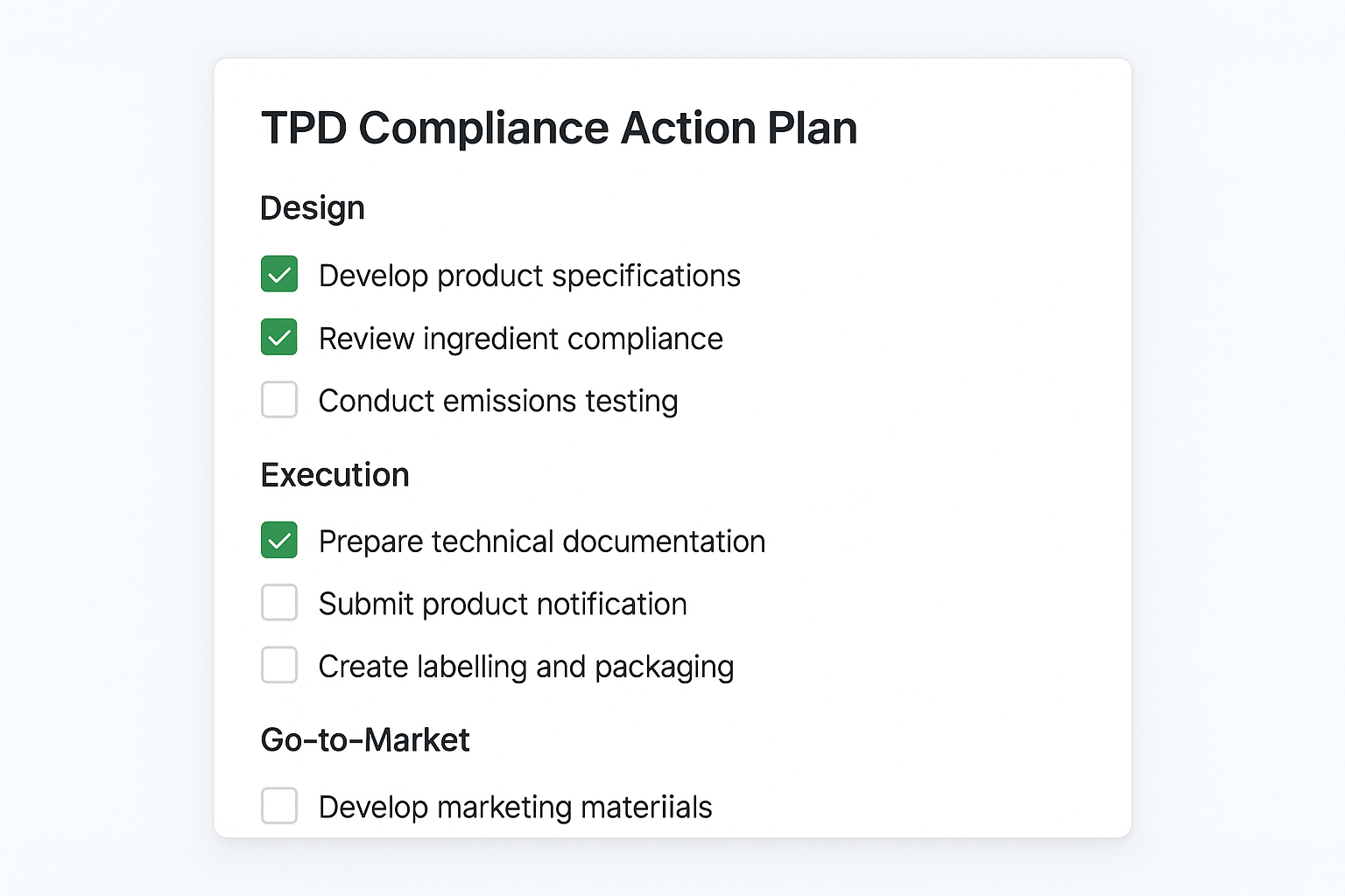 A digital checklist for the TPD compliance action plan for EU TPD compliance for nicotine pouches.