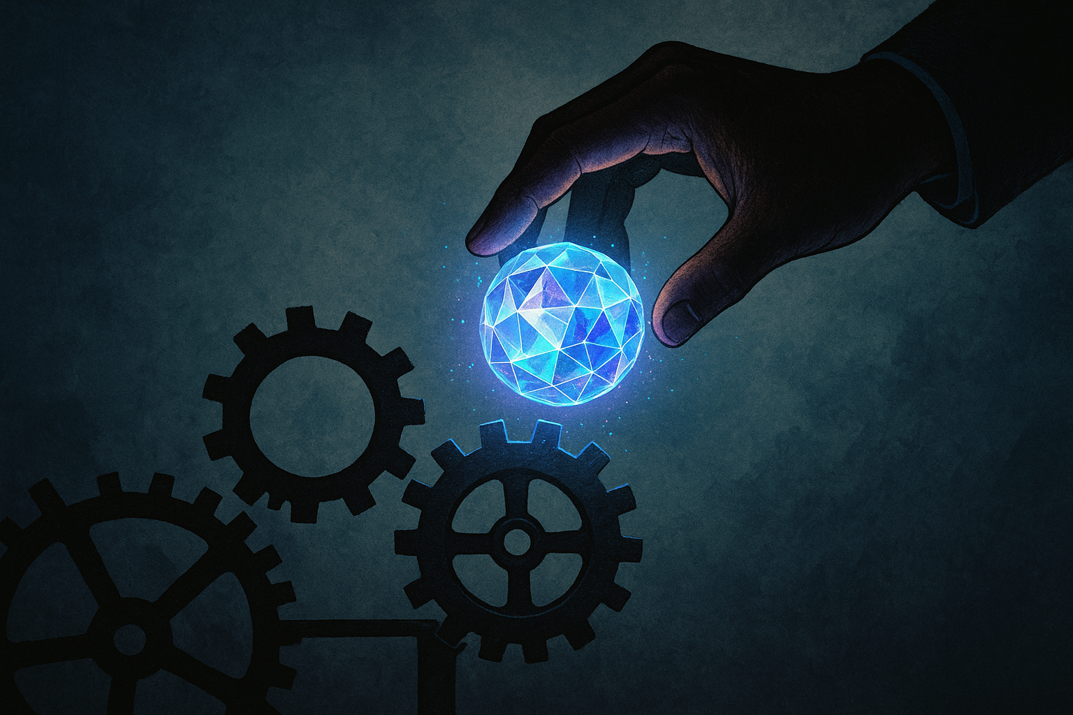 Conceptual image showing the transformation from a simple gear to a complex orb, symbolizing the shift to a value architect.