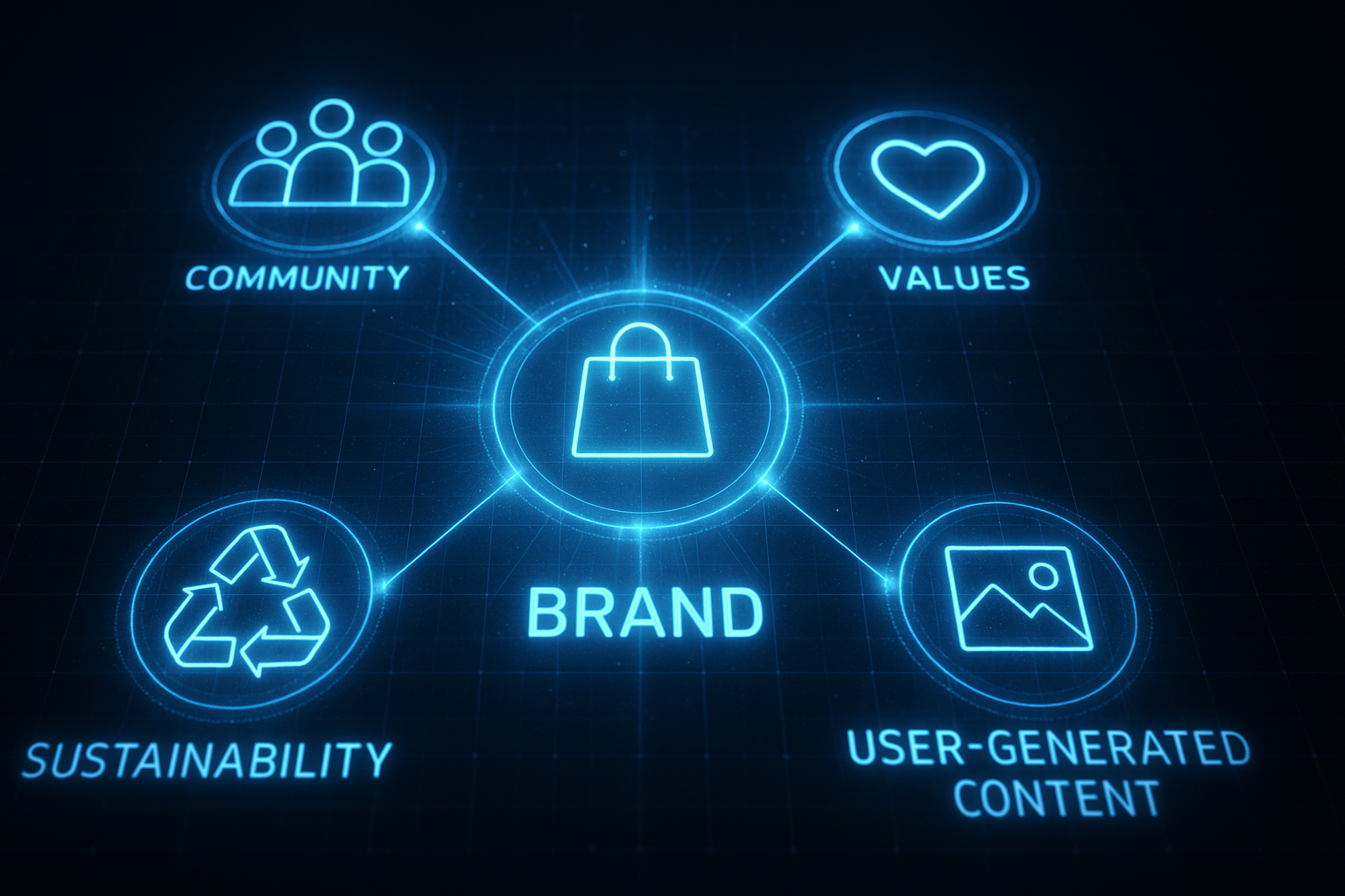 A conceptual diagram showing a brand at the center of a connected ecosystem of values and community.