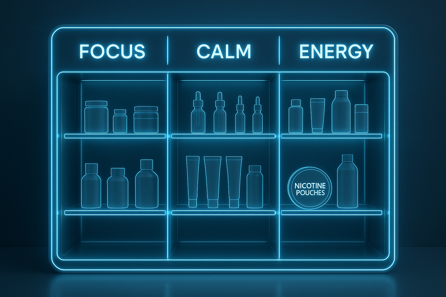 A futuristic retail shelf organized by desired mental states like 'Focus' and 'Calm' instead of product types.