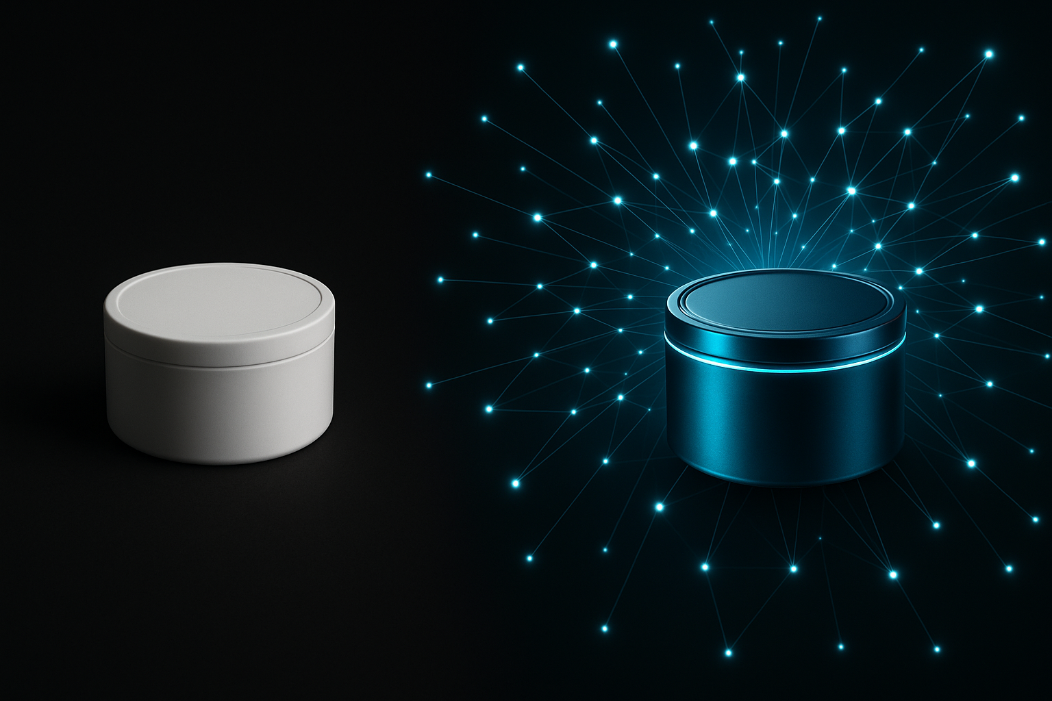 A visual comparison between a basic eco-friendly snus can and a futuristic snus alternative can representing a sustainable brand ecosystem.