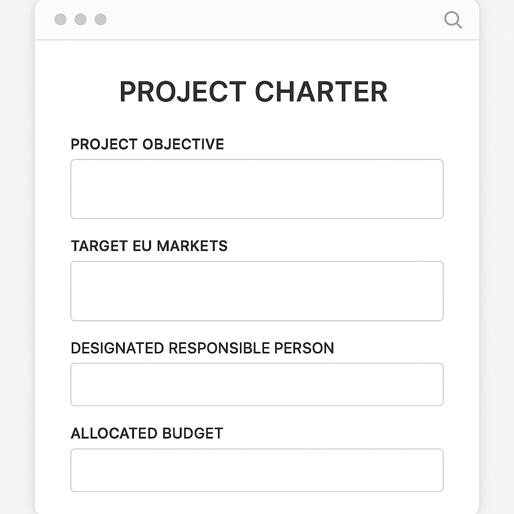 A project charter template for launching a nicotine pouch brand in the EU, focusing on EU TPD compliance for nicotine pouches.